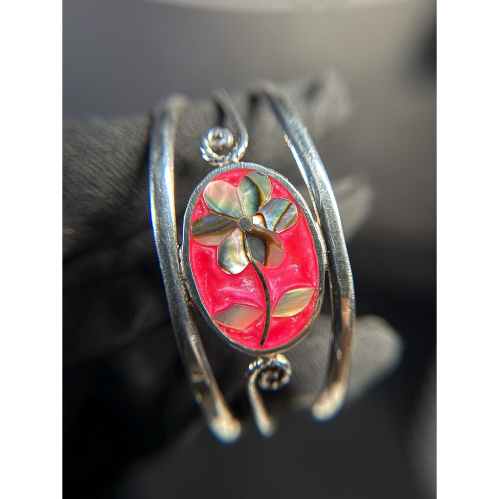 Alpaca Mexico Abalone Inlay Flower Cuff Bracelet Red Resin Adjustable